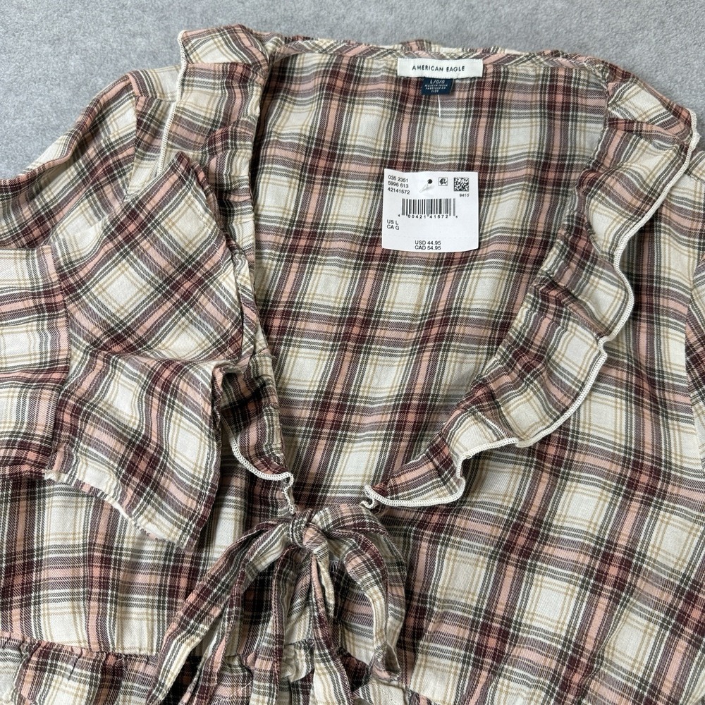 NWT‎ American Eagle Plaid Ruffle Tie Front Peplum Top Large Cottagecore Boho
